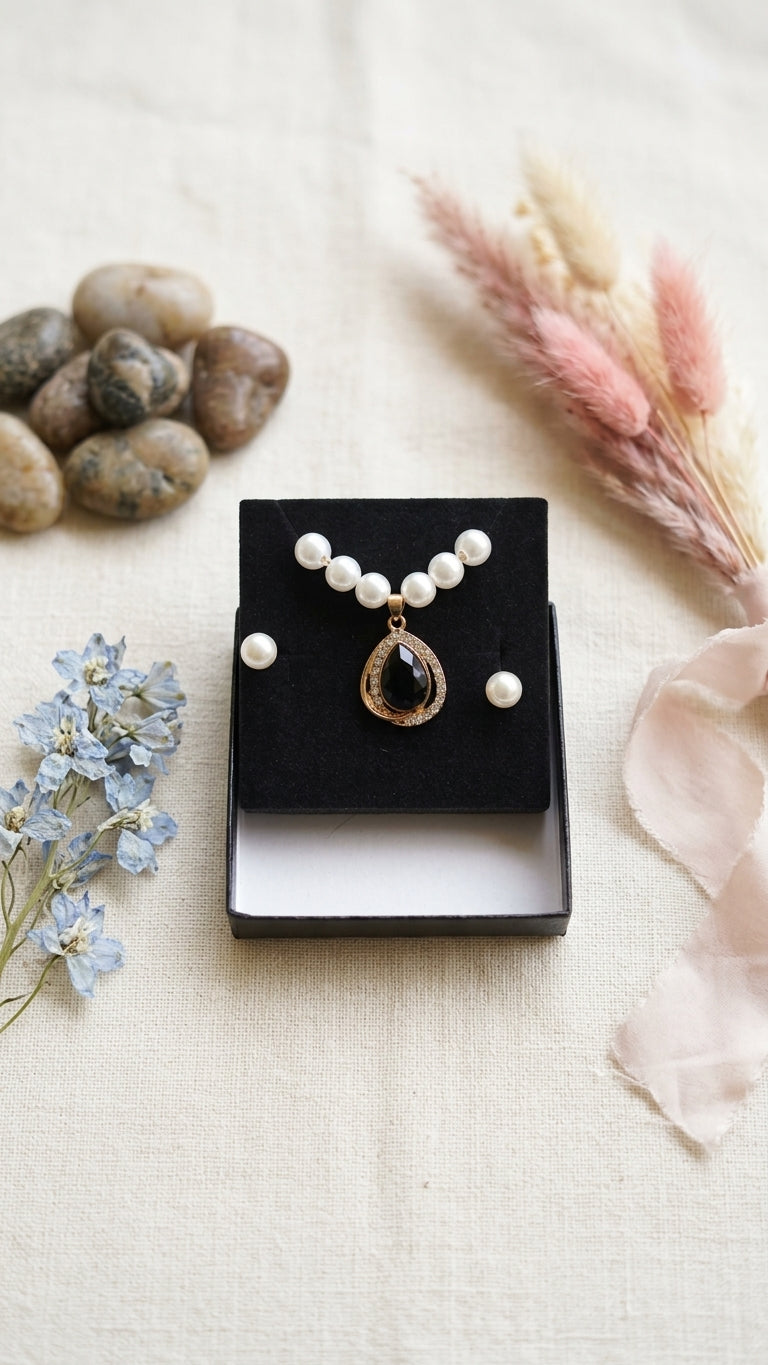 Midnight Teardrop Pendant & Pearl Earring Set