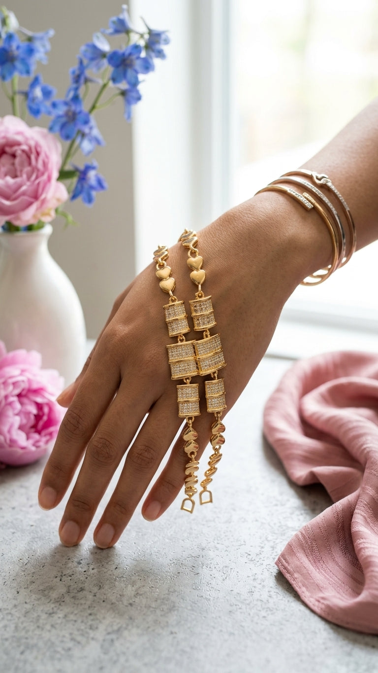 Golden Heart & Cylinder Pave Bracelet