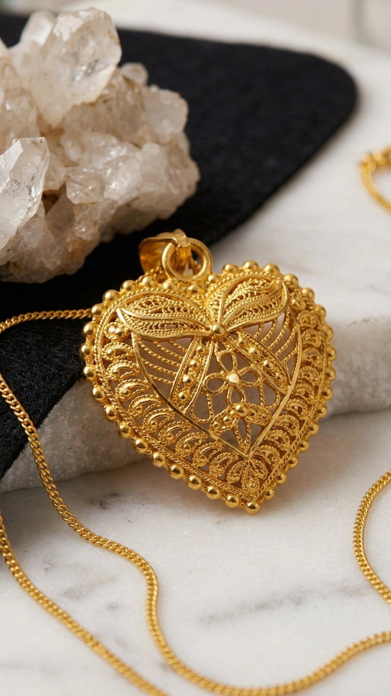 Golden Heritage Filigree Heart Pendant Necklace