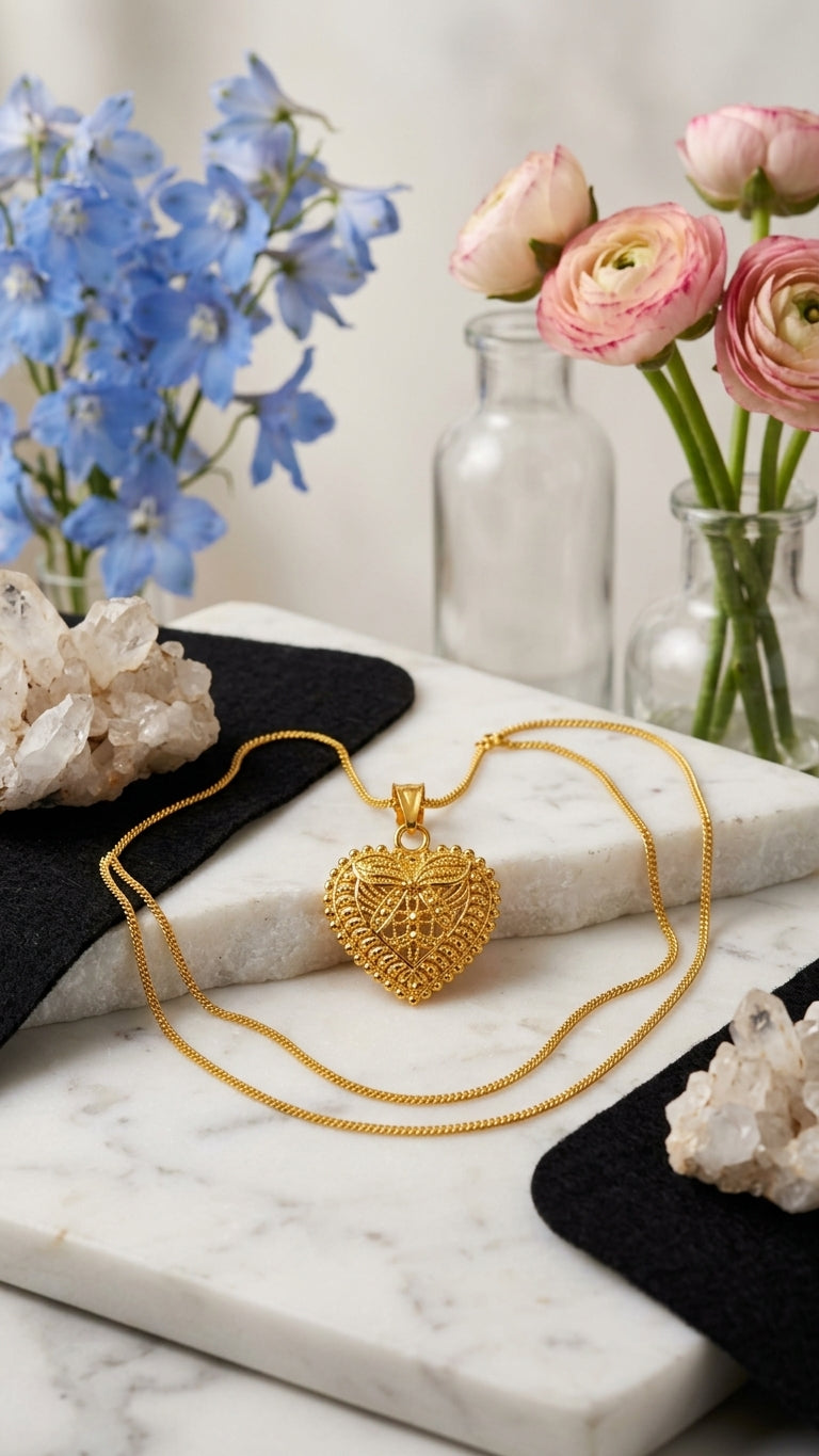 Golden Heritage Filigree Heart Pendant Necklace