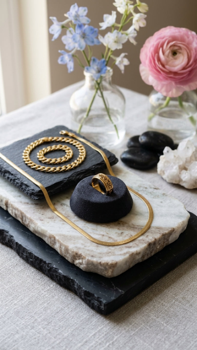 COMBO DEAL|The Golden Aura: Curb Chain Necklace & Detailed Spinner Ring Set
